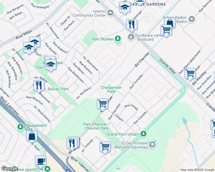 map of restaurants, bars, coffee shops, grocery stores, and more near 5940 Rue Charpentier in Brossard