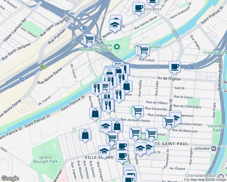 map of restaurants, bars, coffee shops, grocery stores, and more near 2323 Rue le Caron in Montréal