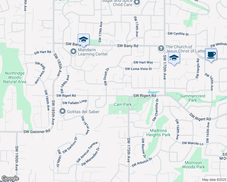 map of restaurants, bars, coffee shops, grocery stores, and more near 17707 Southwest Rigert Road in Beaverton