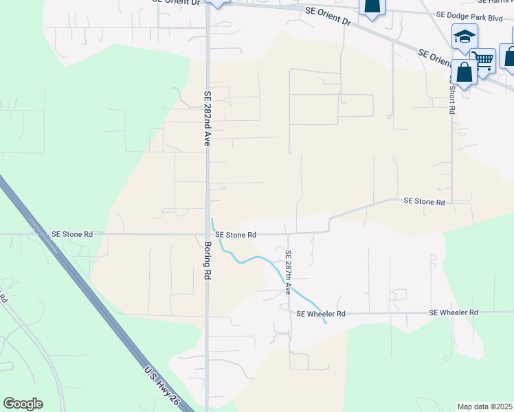 map of restaurants, bars, coffee shops, grocery stores, and more near 28513 Southeast Stone Road in Boring