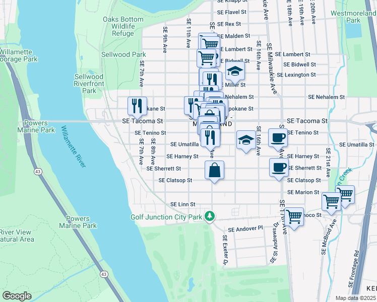 map of restaurants, bars, coffee shops, grocery stores, and more near 8404 Southeast 11th Avenue in Portland