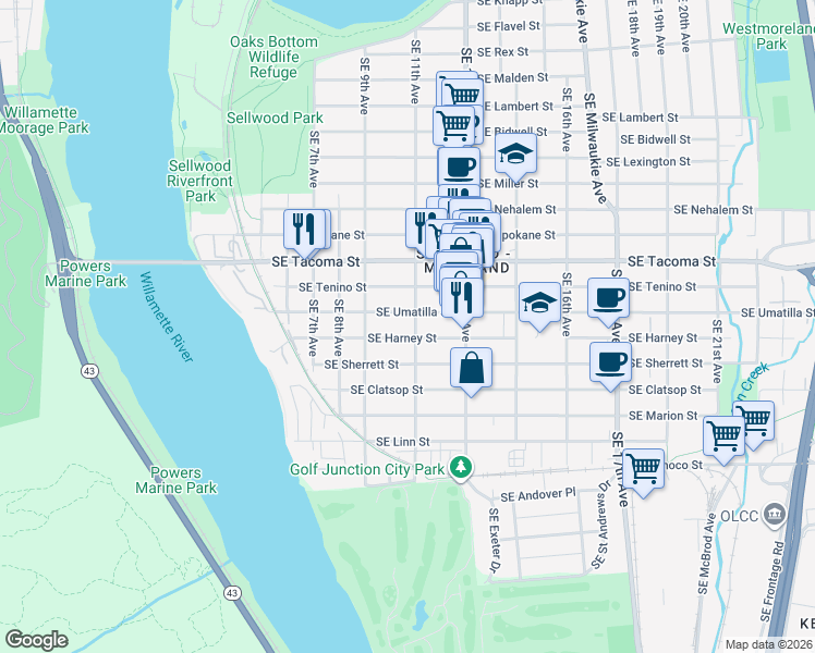 map of restaurants, bars, coffee shops, grocery stores, and more near 8404 Southeast 11th Avenue in Portland