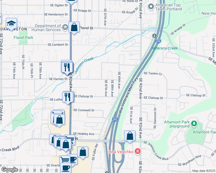 map of restaurants, bars, coffee shops, grocery stores, and more near 8527 Southeast 87th Avenue in Portland