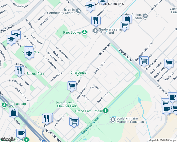 map of restaurants, bars, coffee shops, grocery stores, and more near 6005 Boulevard Chevrier in Brossard