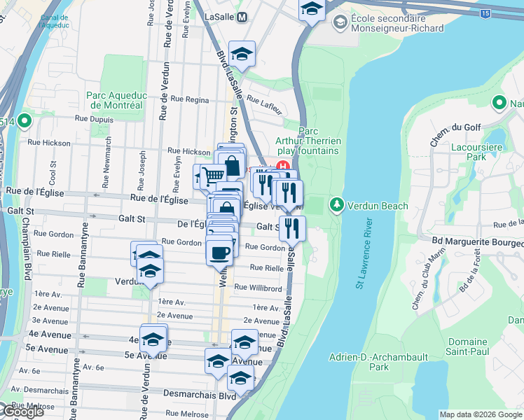 map of restaurants, bars, coffee shops, grocery stores, and more near 74 Rue de l'Église in Montréal