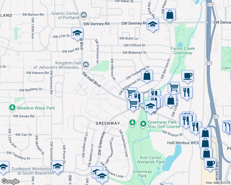 map of restaurants, bars, coffee shops, grocery stores, and more near 11835 Southwest Ridgecrest Drive in Beaverton