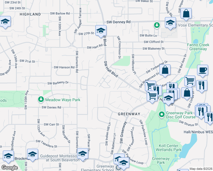 map of restaurants, bars, coffee shops, grocery stores, and more near 12224 Southwest Meader Way in Beaverton