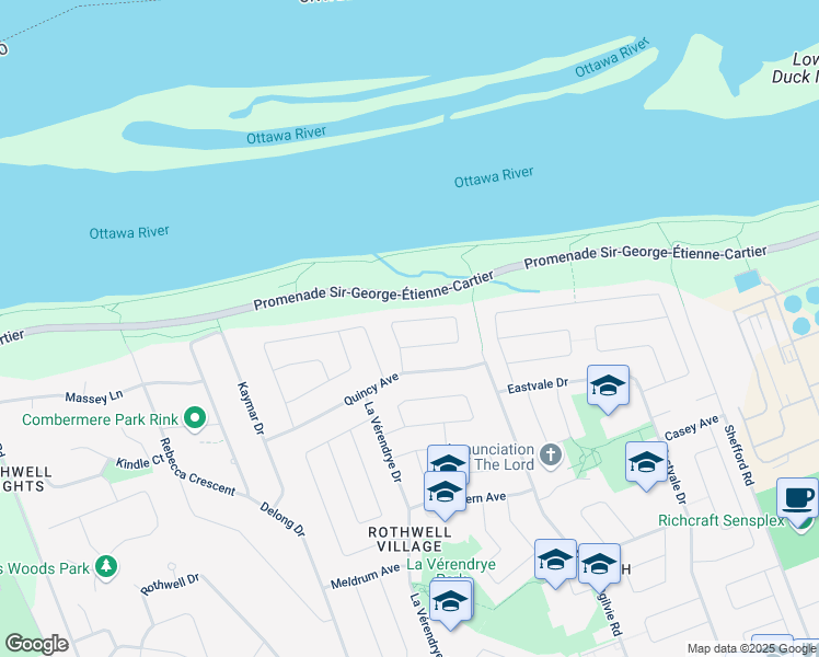 map of restaurants, bars, coffee shops, grocery stores, and more near 549 Rivershore Crescent in Ottawa