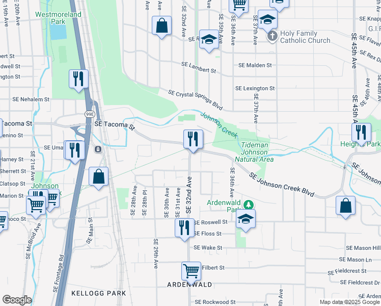 map of restaurants, bars, coffee shops, grocery stores, and more near SE Johnson Creek Blvd & SE 32nd Ave in Portland