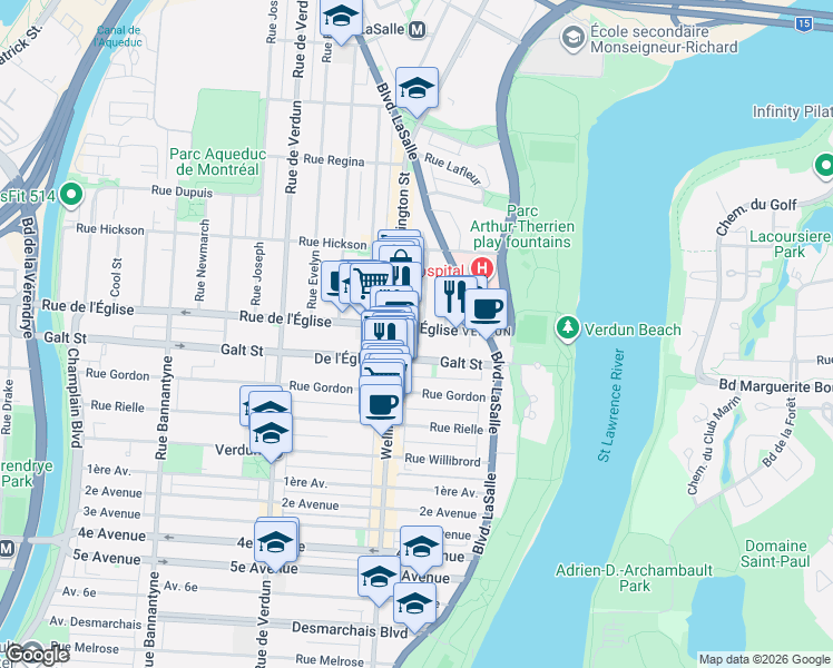 map of restaurants, bars, coffee shops, grocery stores, and more near 150 Rue de l'Église in Montréal