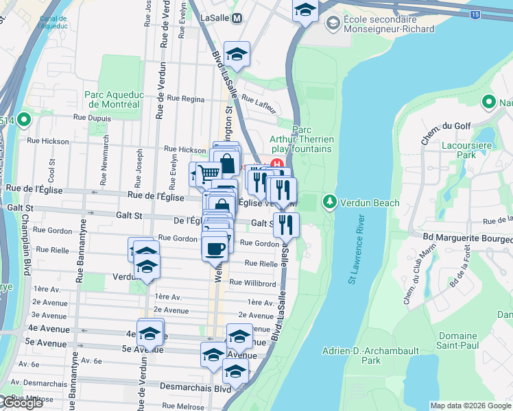 map of restaurants, bars, coffee shops, grocery stores, and more near 74 Rue de l'Église in Montréal