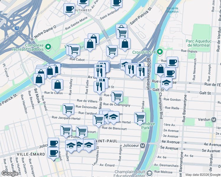 map of restaurants, bars, coffee shops, grocery stores, and more near 1700 Rue Galt in Montréal