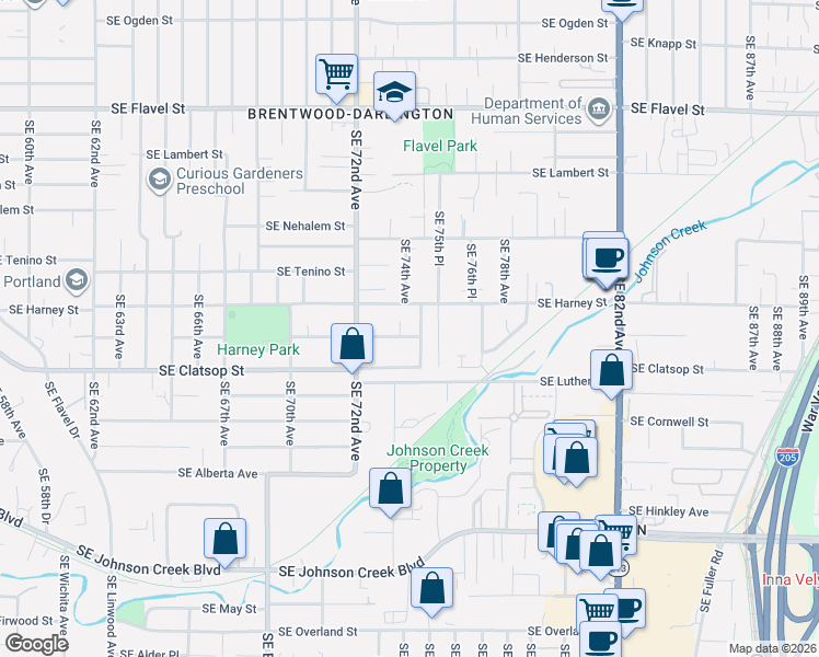 map of restaurants, bars, coffee shops, grocery stores, and more near 7414 Southeast Sherrett Street in Portland