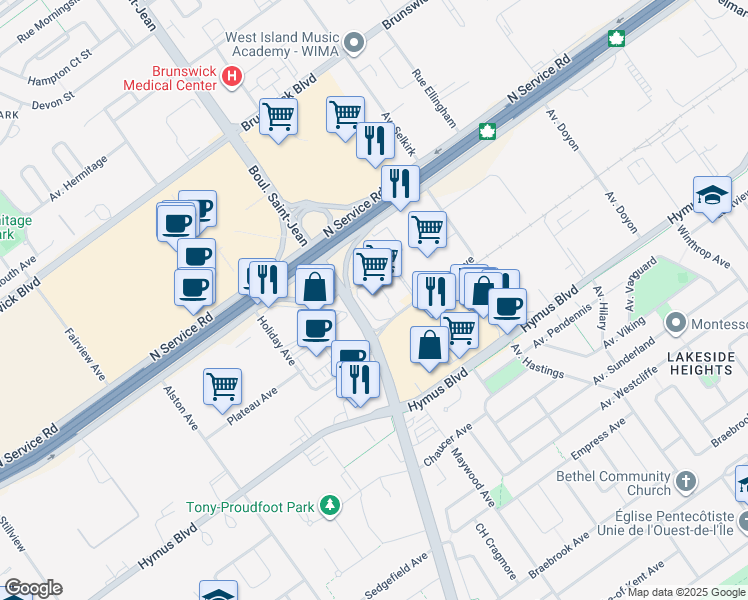 map of restaurants, bars, coffee shops, grocery stores, and more near 12 Place de la Triade in Pointe-Claire