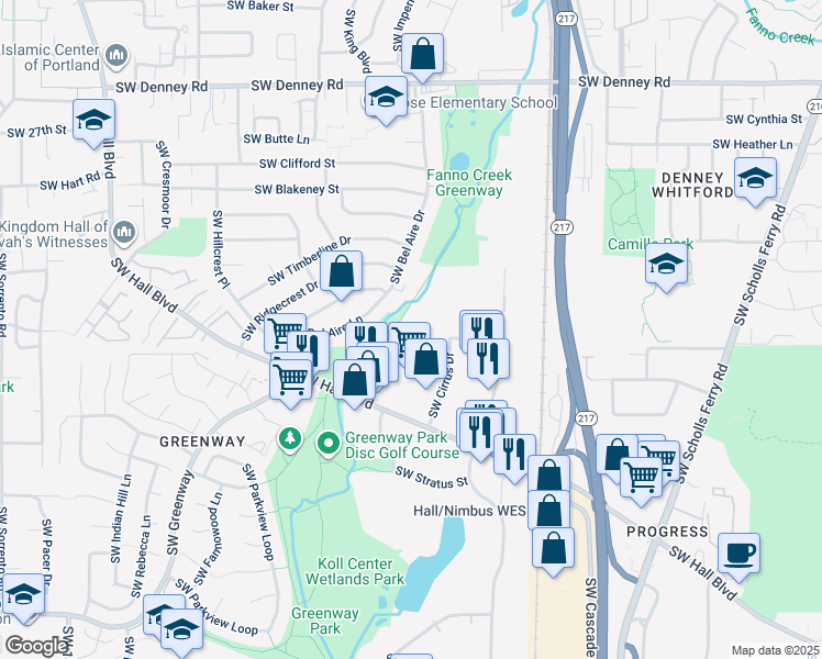 map of restaurants, bars, coffee shops, grocery stores, and more near 7919 SW Cirrus Dr in Beaverton