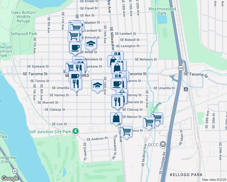 map of restaurants, bars, coffee shops, grocery stores, and more near 1662 Southeast Umatilla Street in Portland
