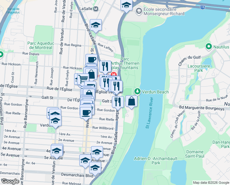 map of restaurants, bars, coffee shops, grocery stores, and more near 4141 Boulevard LaSalle in Montrã©Al