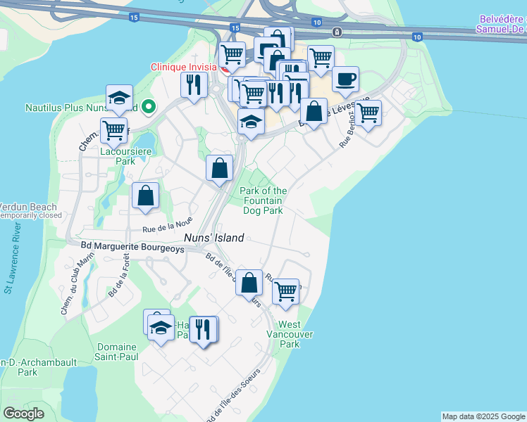 map of restaurants, bars, coffee shops, grocery stores, and more near 590 Place de la Fontaine in Montréal