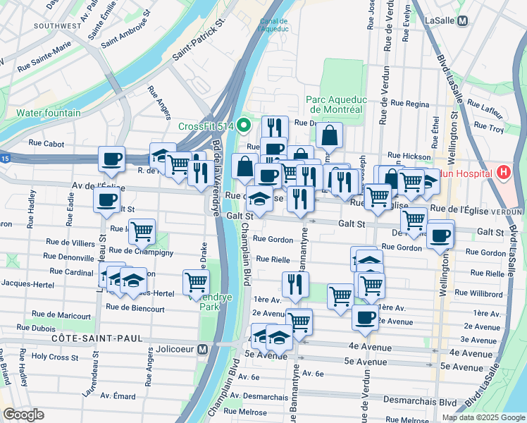 map of restaurants, bars, coffee shops, grocery stores, and more near 1125 Avenue Galt in Montréal