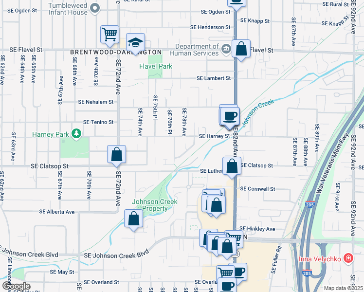map of restaurants, bars, coffee shops, grocery stores, and more near 8523 Southeast 77th Avenue in Portland