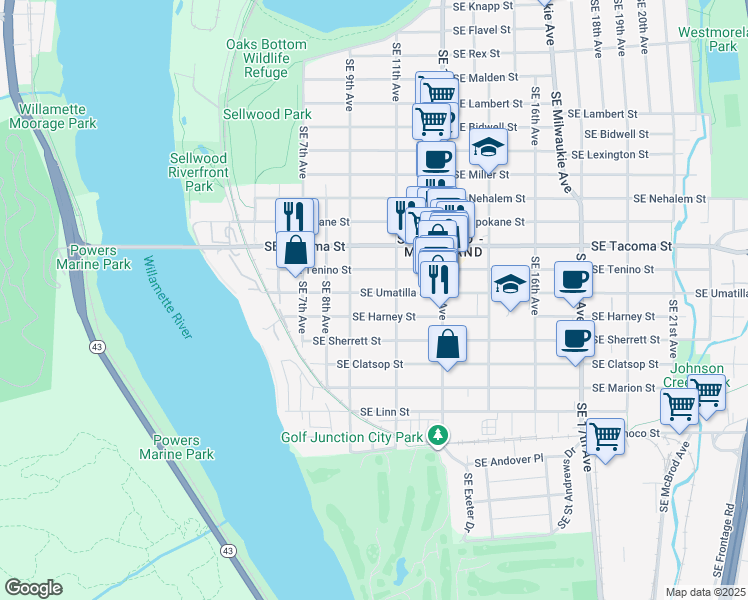 map of restaurants, bars, coffee shops, grocery stores, and more near 924 Southeast Harney Street in Portland