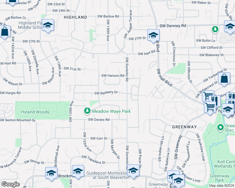 map of restaurants, bars, coffee shops, grocery stores, and more near 12840 Southwest Barberry Drive in Beaverton