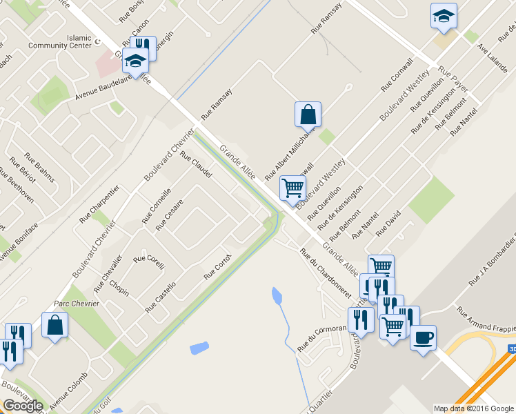 map of restaurants, bars, coffee shops, grocery stores, and more near 6774 Rue Claudel in Brossard