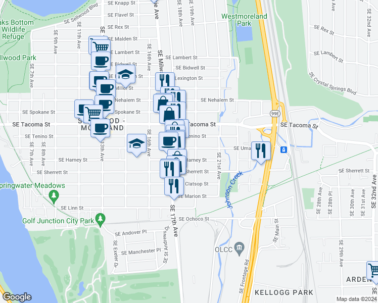 map of restaurants, bars, coffee shops, grocery stores, and more near 1817 Southeast Harney Street in Portland