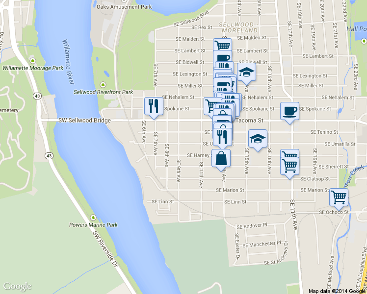 map of restaurants, bars, coffee shops, grocery stores, and more near 914 Southeast Umatilla Street in Portland