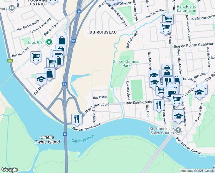 map of restaurants, bars, coffee shops, grocery stores, and more near 41 Rue René in Gatineau