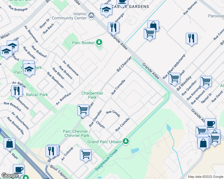 map of restaurants, bars, coffee shops, grocery stores, and more near 6415 Rue Corbière in Brossard