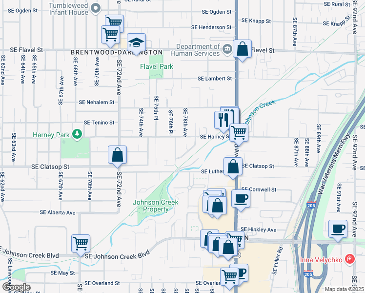 map of restaurants, bars, coffee shops, grocery stores, and more near 8523 Southeast 77th Avenue in Portland