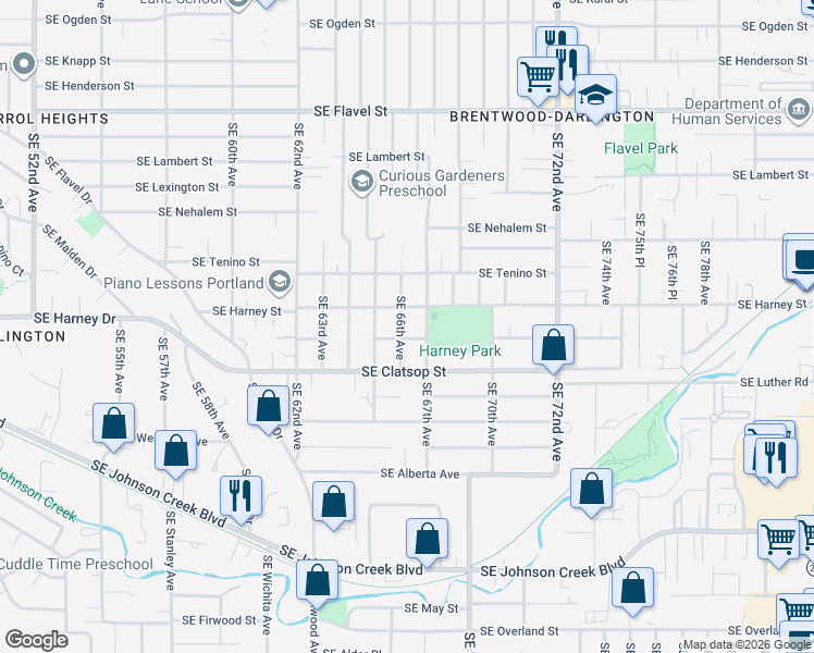 map of restaurants, bars, coffee shops, grocery stores, and more near 8529 Southeast 67th Avenue in Portland