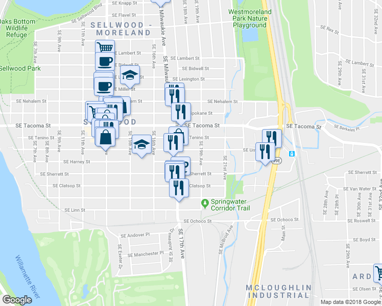 map of restaurants, bars, coffee shops, grocery stores, and more near 1746 Southeast Harney Street in Portland