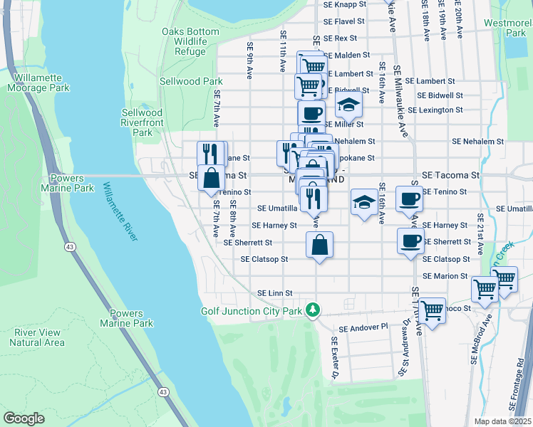 map of restaurants, bars, coffee shops, grocery stores, and more near 924 Southeast Harney Street in Portland