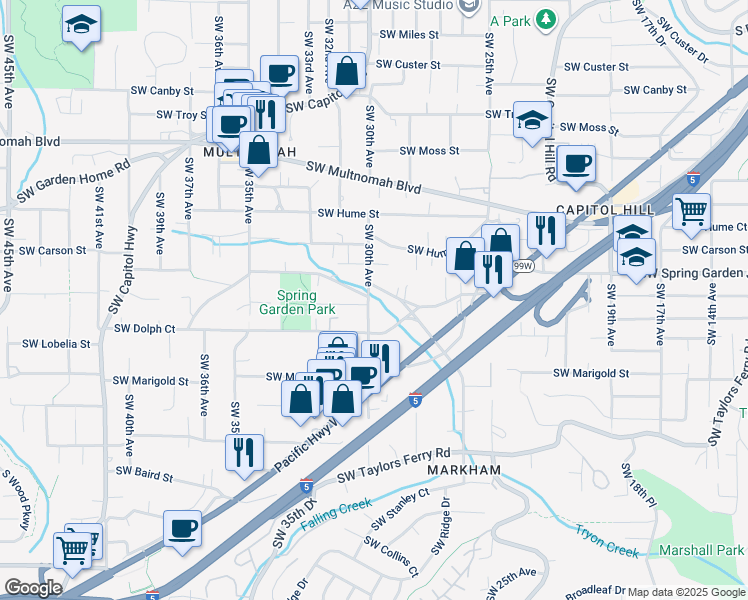 map of restaurants, bars, coffee shops, grocery stores, and more near 8620 Southwest 30th Avenue in Portland