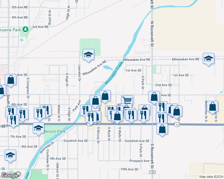 map of restaurants, bars, coffee shops, grocery stores, and more near 322 South Vivian Street in Aberdeen