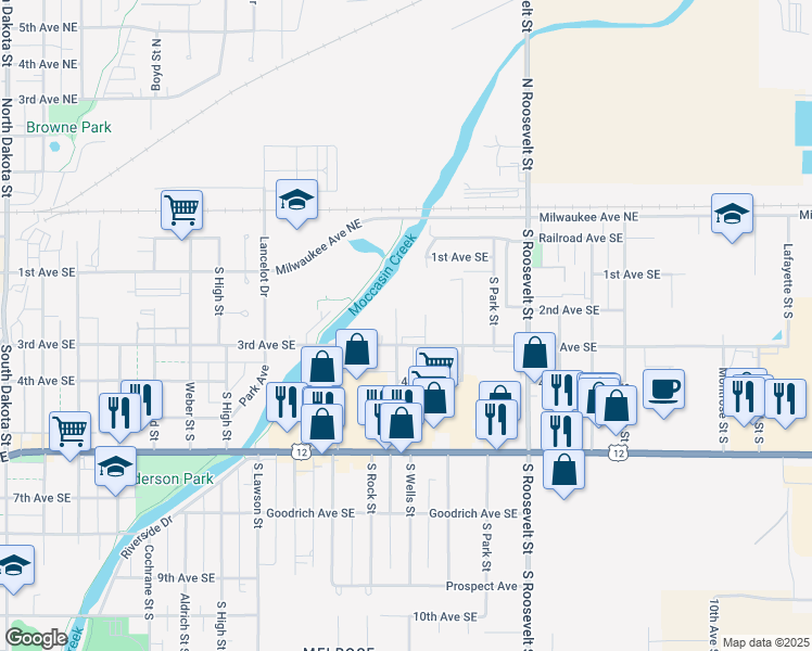 map of restaurants, bars, coffee shops, grocery stores, and more near 2000-2098 3rd Avenue Southeast in Aberdeen