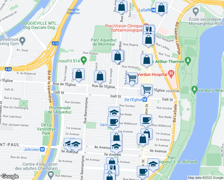 map of restaurants, bars, coffee shops, grocery stores, and more near 642 Rue de l'Église in Montréal