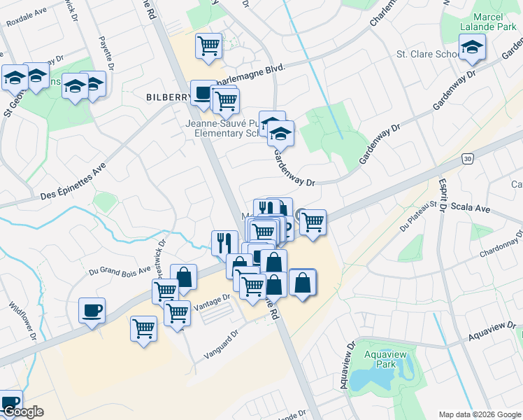 map of restaurants, bars, coffee shops, grocery stores, and more near 482 Rougemount Crescent in Ottawa