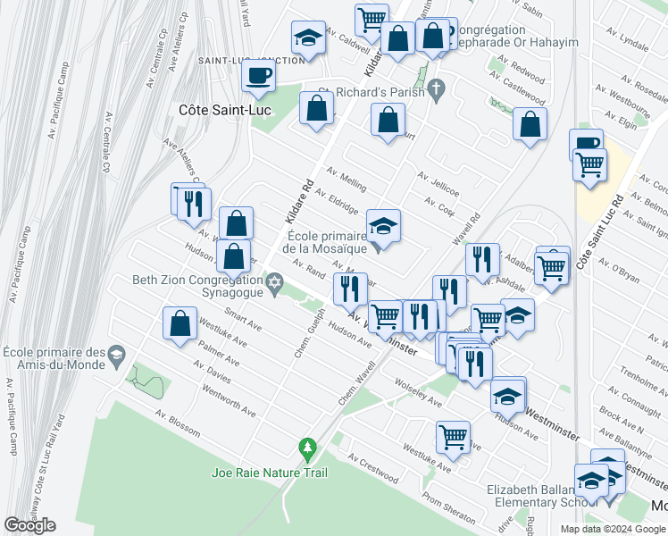 map of restaurants, bars, coffee shops, grocery stores, and more near 5704 Avenue McAlear in Côte Saint-Luc