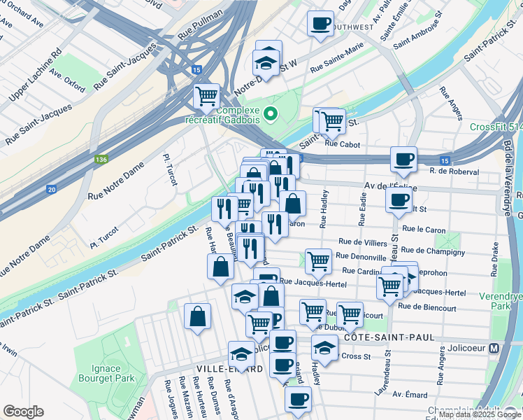 map of restaurants, bars, coffee shops, grocery stores, and more near 2323 Rue le Caron in Montréal