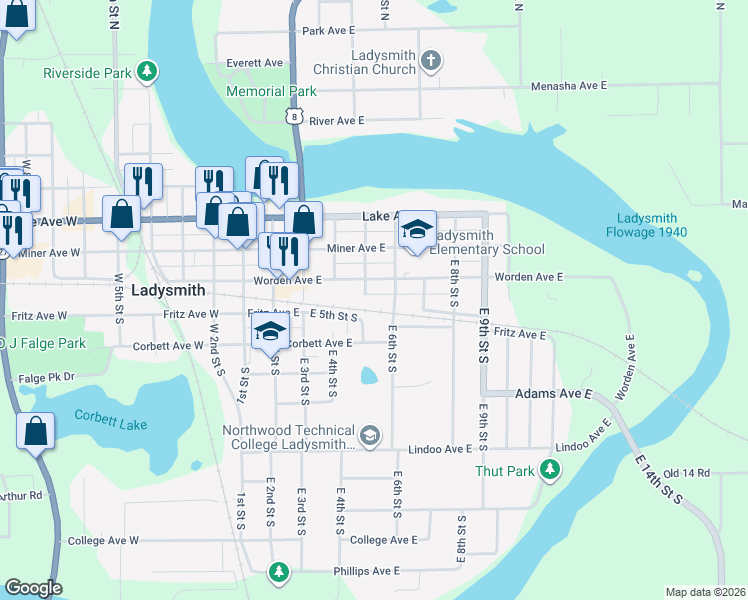 map of restaurants, bars, coffee shops, grocery stores, and more near 420 Worden Avenue East in Ladysmith
