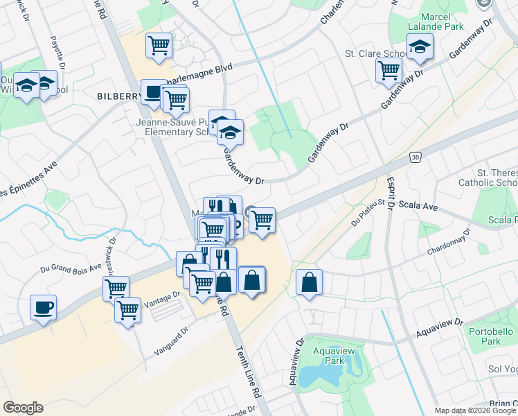 map of restaurants, bars, coffee shops, grocery stores, and more near 526 Rougemount Crescent in Ottawa