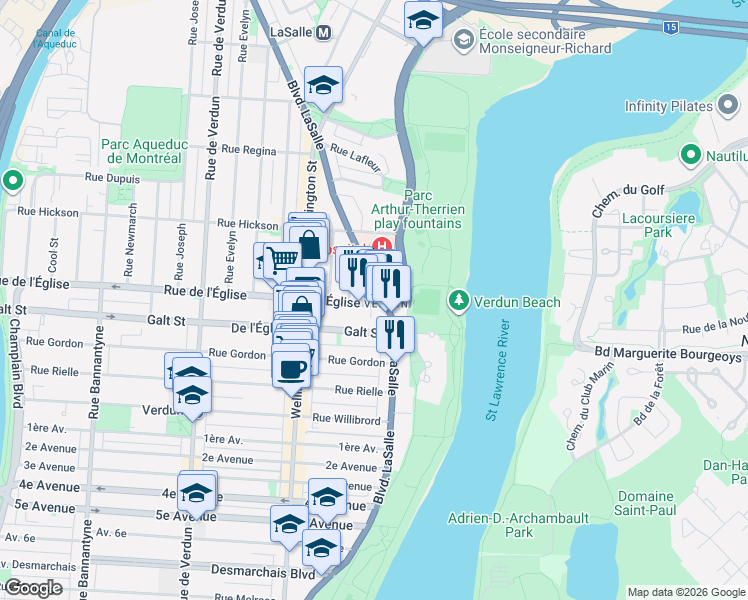 map of restaurants, bars, coffee shops, grocery stores, and more near 25 Rue de l'Église in Montréal