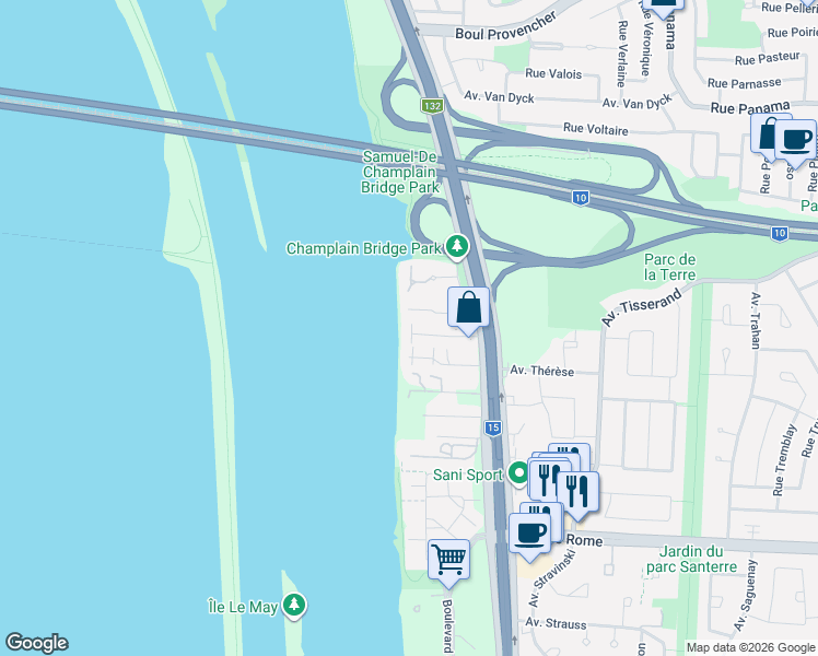 map of restaurants, bars, coffee shops, grocery stores, and more near 7384 Rue Talbot in Brossard
