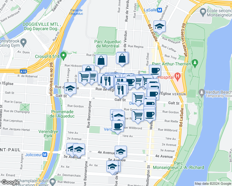 map of restaurants, bars, coffee shops, grocery stores, and more near 642 Rue de l'Église in Montréal