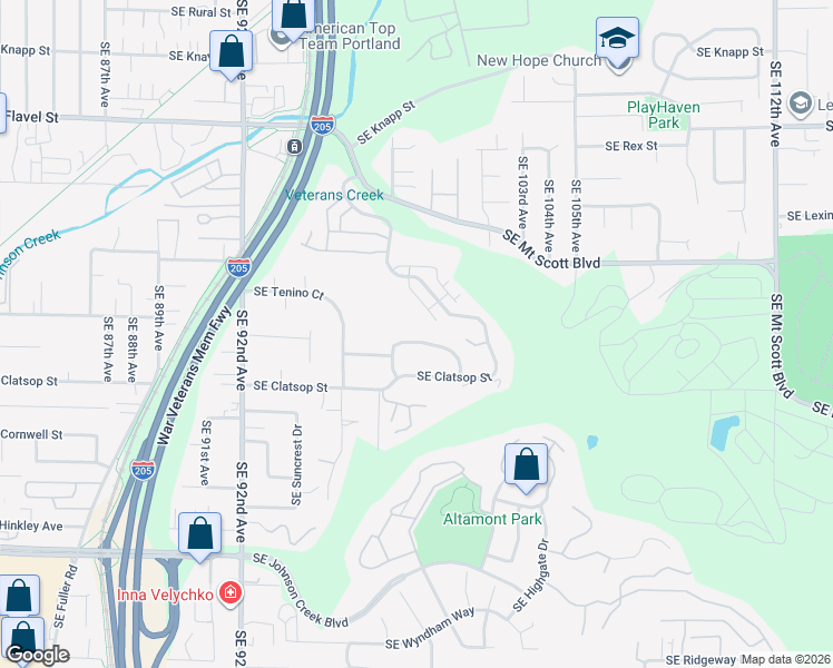 map of restaurants, bars, coffee shops, grocery stores, and more near 8411 Southeast Clatsop Court in Portland