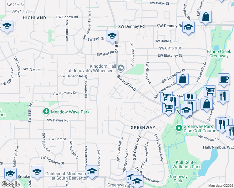 map of restaurants, bars, coffee shops, grocery stores, and more near 12210 Southwest Meader Way in Beaverton