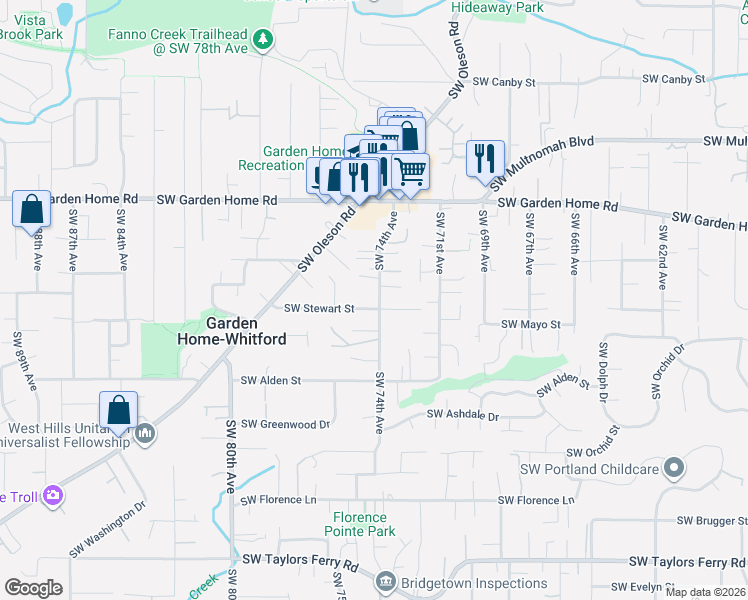 map of restaurants, bars, coffee shops, grocery stores, and more near 7921 Southwest 74th Avenue in Portland